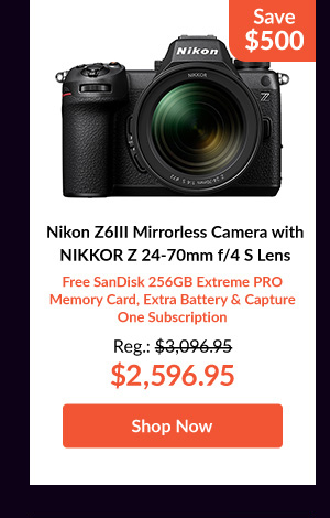 Nikon Z6III Mirrorless Camera with NIKKOR Z 24-70mm f/4 S Lens   Free SanDisk 256GB Extreme PRO Memory Card, Extra Battery & Capture One Subscription 