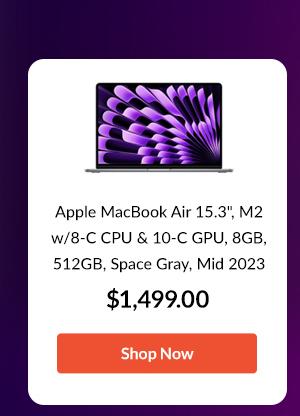 Apple MacBook Air 15.3 with Liquid Retina Display, M2 Chip with 8-Core CPU and 10-Core GPU, 8GB Memory, 512GB SSD, Space Gray, Mid 2023