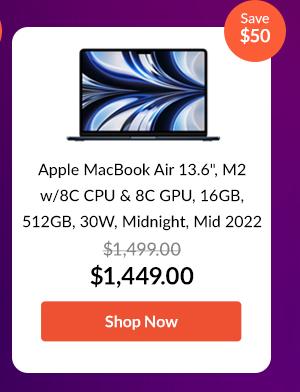 Apple MacBook Air 13.6 with Liquid Retina Display, M2 Chip with 8-Core CPU and 8-Core GPU, 16GB Memory, 512GB SSD, 30W USB-C Power Adapter, Midnight, Mid 2022
