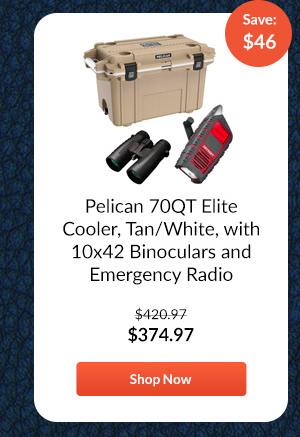 Pelican 70QT Elite Cooler, Tan/White, with 10x42 Binoculars and Emergency Radio