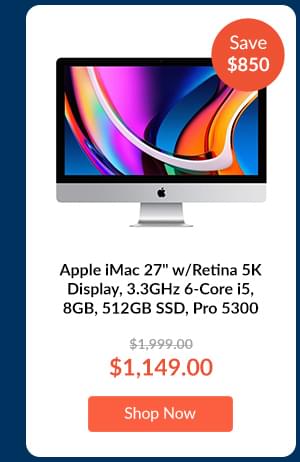 Apple iMac 27 w/Retina 5K Display, 3.3GHz 6-Core i5, 8GB, 512GB SSD, Pro 5300