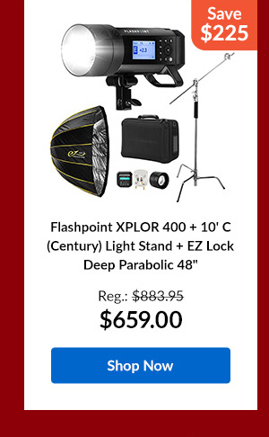 Flashpoint XPLOR 400 + 10' C (Century) Light Stand + EZ Lock Deep Parabolic 48inches