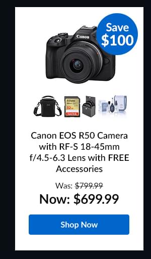Canon EOS R50 Camera, Black with RF-S 18-45mm f/4.5-6.3 Lens, Accessories Kit