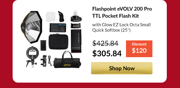 Flashpoint eVOLV 200 Pro TTL Pocket Flash Kit With Glow EZ Lock Octa Small Quick Softbox (25inches)