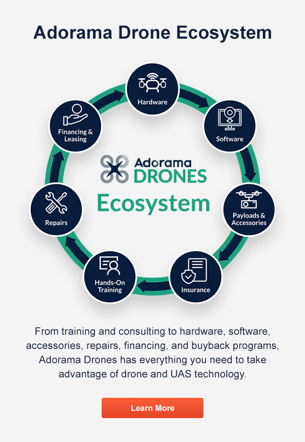 Adorama Drone Ecosystem 6 Y Leasing B v, Adorama ' DRONES P4 Ecosystem @ Payloads T Bz 4 Hands-On Ty From training and consulting to hardware, software, accessories, repairs, financing, and buyback programs Adorama Drones has everything you need to take advantage of drone and UAS technology. Learn More 