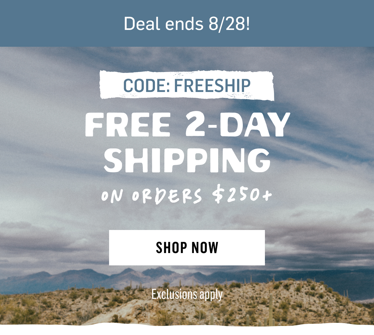 Free 2-Day Shipping on orders $250+. Exclusions apply. Code FREESHIP. Deal ends 8/28! Shop now. 