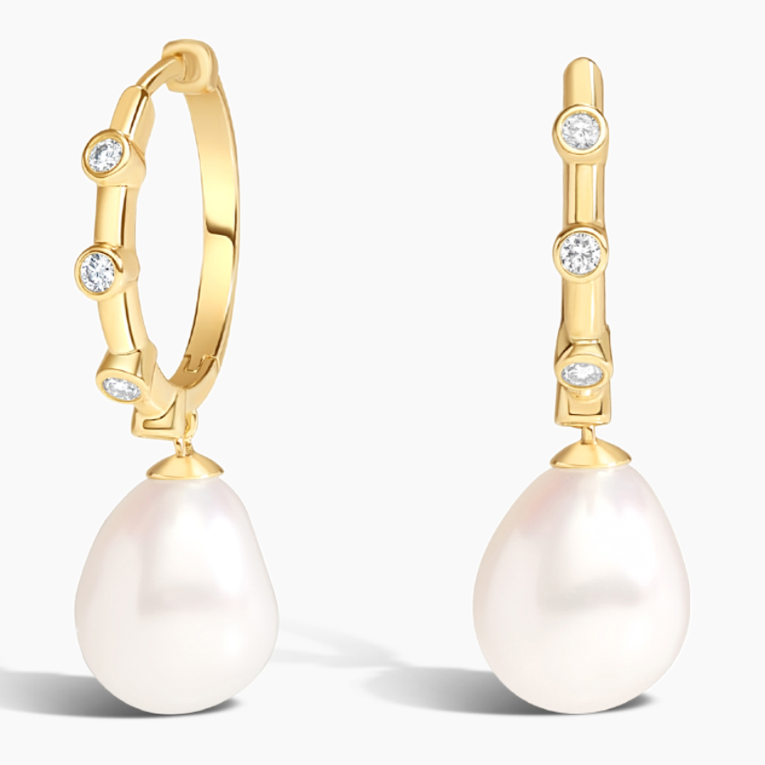 Gina Baroque Cultured Pearl and Diamond Drop Huggie Earrings