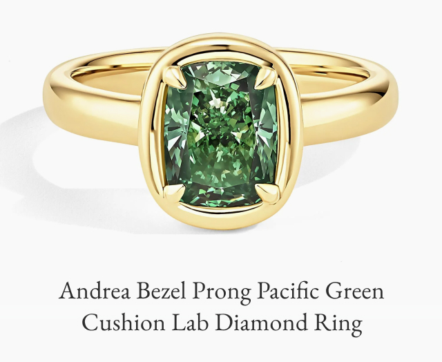 Andrea Bezel Prong Pacific Green Cushion Lab Diamond Ring