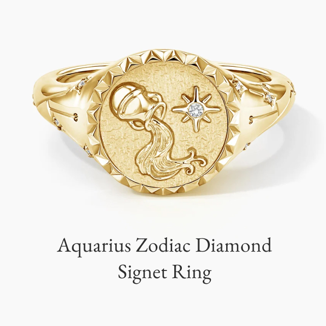 Aquarius Zodiac Diamond Signet Ring