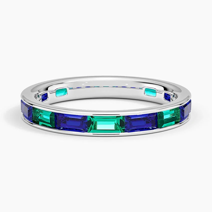 Channel Set Baguette Lab Sapphire and Lab Emerald Ring