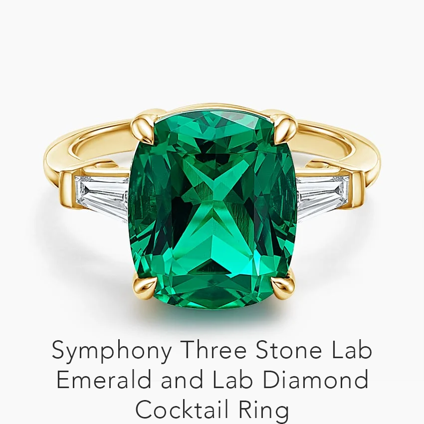 Symphony Three Stone Lab Emerald and Lab Diamond Cocktail Ring 