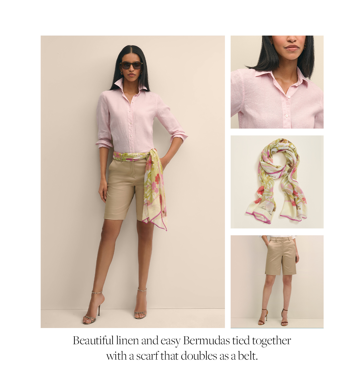 Beautiful linen and easy Bermudas tied together with a scarf that doubles as a belt.