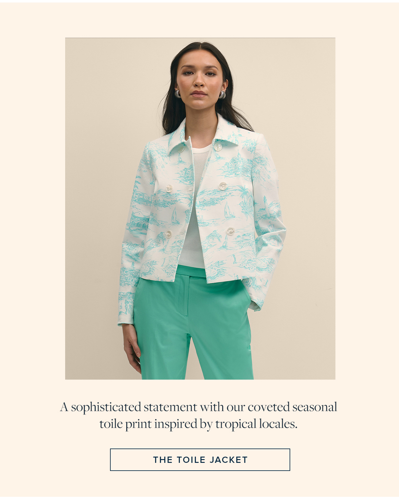 A sophisticated statement with our coveted seasonal toile print inspired by tropical locales. The Toile Jacket