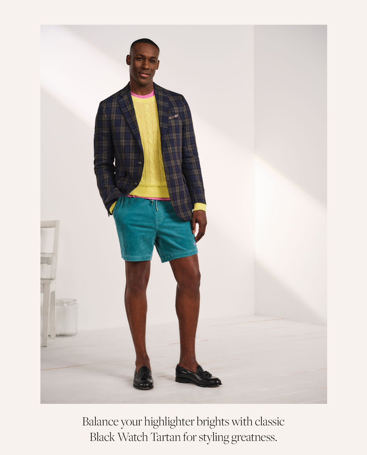 Balance your highlighter brights with classic Black Watch Tartan for styling greartness.