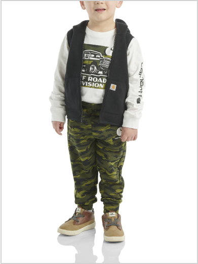 BOYS' LONG SLEEVE T-SHIRT, ZIP-FRONT VEST & CAMO PANT 3PC SET