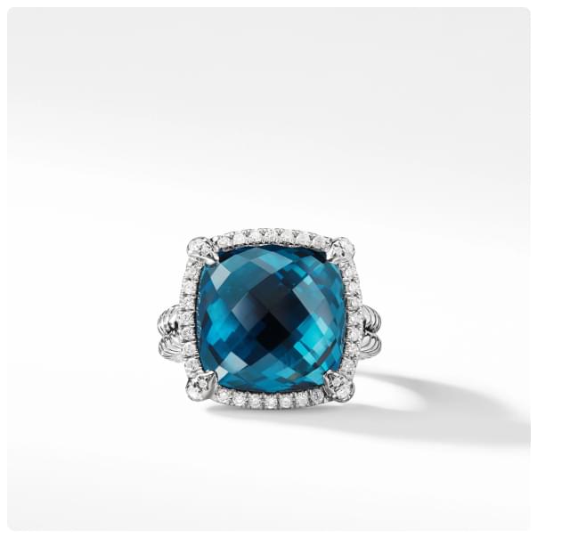 Chatelaine® Pavé Bezel Ring in Sterling Silver with Hampton Blue Topaz and Diamonds