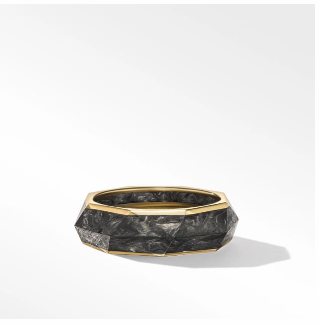 TORQUED FACETED FORGED CARBON BAND RING WITH 18K YELLOW GOLD