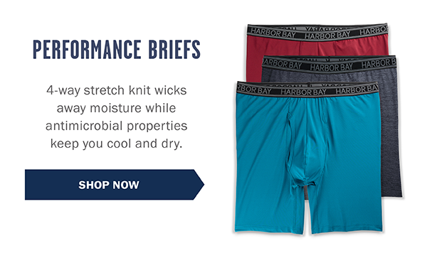 PERFORMANCE BRIEFS - 4-way stretch knit wicks away moisture while antimicrobial properties keep you cool and dry. SHOP NOW