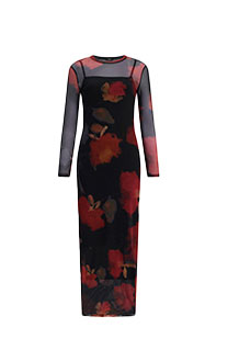 Shop Womens Floral Mesh Crew Neck Long Sleeve Maxi Dress