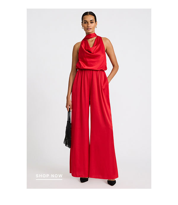 Satin Halter Cowl Neck Wide Leg Jumpsuit with Pockets