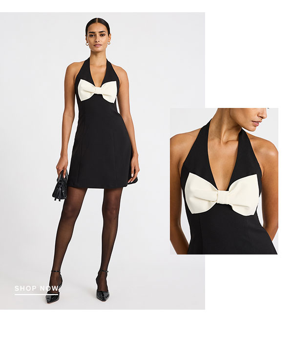 Color Block Halter V-Neck Bow Front Mini Dress