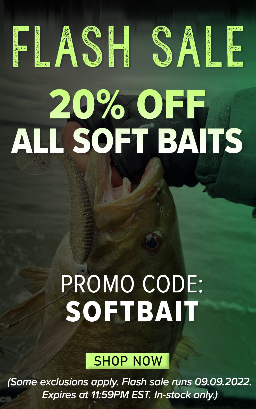 Flash Sale 20% Off All Soft Baits Promo Code: SOFTBAIT Shop Now (Some exclusions apply. Flash Sale runs 09.09.2022. Expires at 11:59 PM EST In-stock only.)