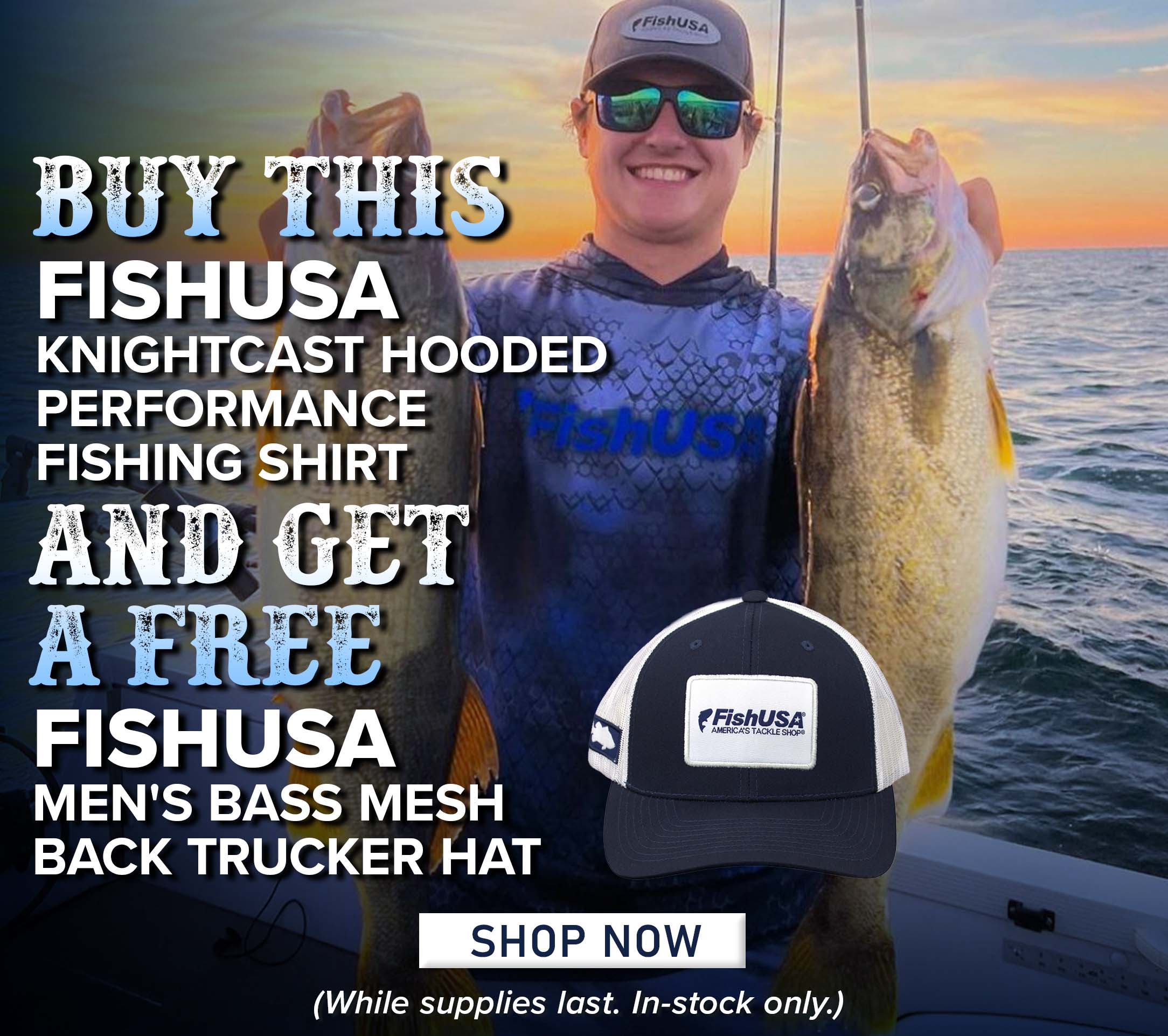 Buy THis FishUSA Knightcast hooded performance FIshing Shirt And Get a free FishUSA Men's Bass Mesh Back Trucker Hat Shop Now (While supplies last. In-stock only.)