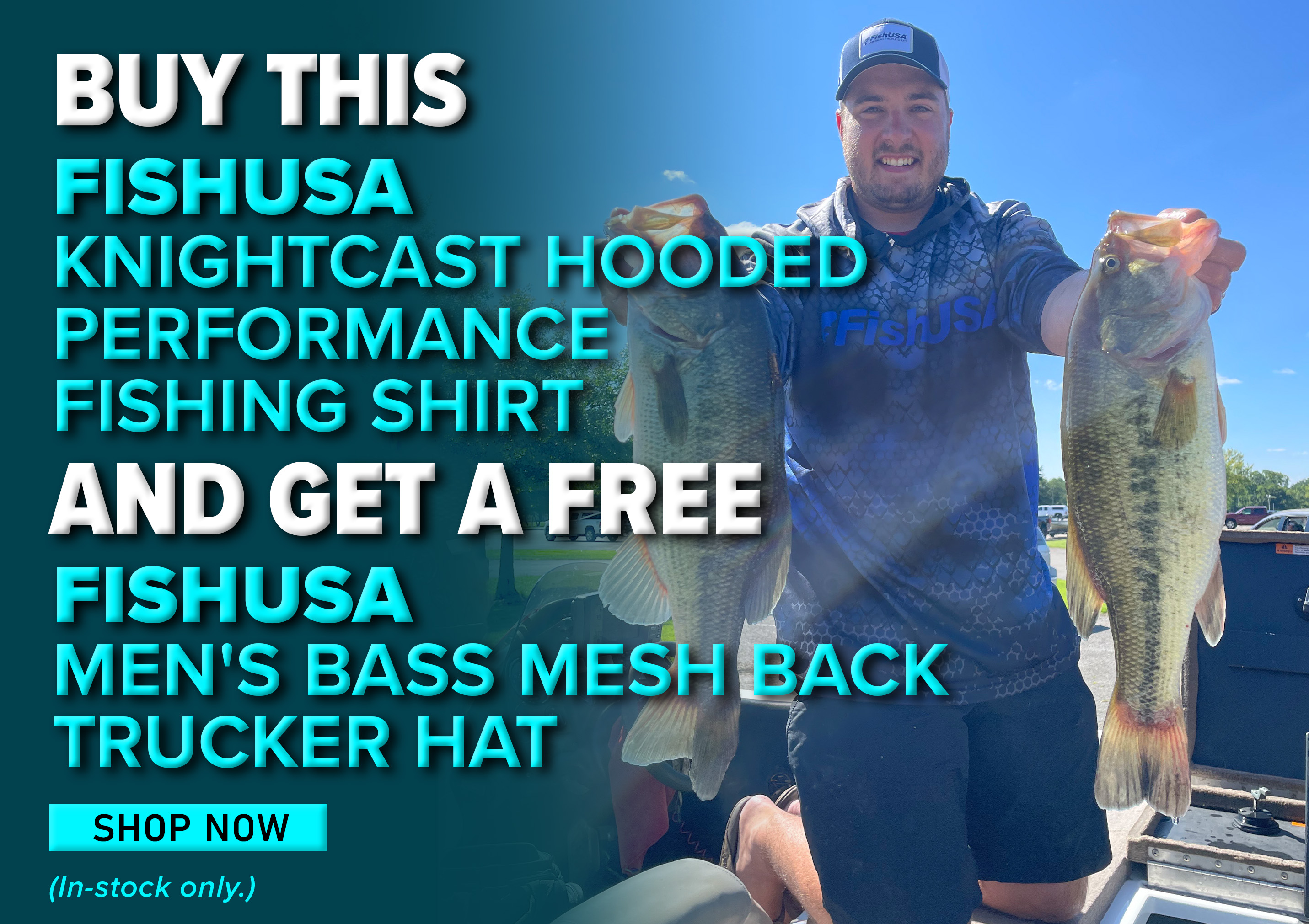 Buy This FishUSA KnightCast Hooded Performance Fishing Shirt And Get a Free FishUSA Men's Bass Mesh Back Trucker Hat Shop Now (In-stock only.)