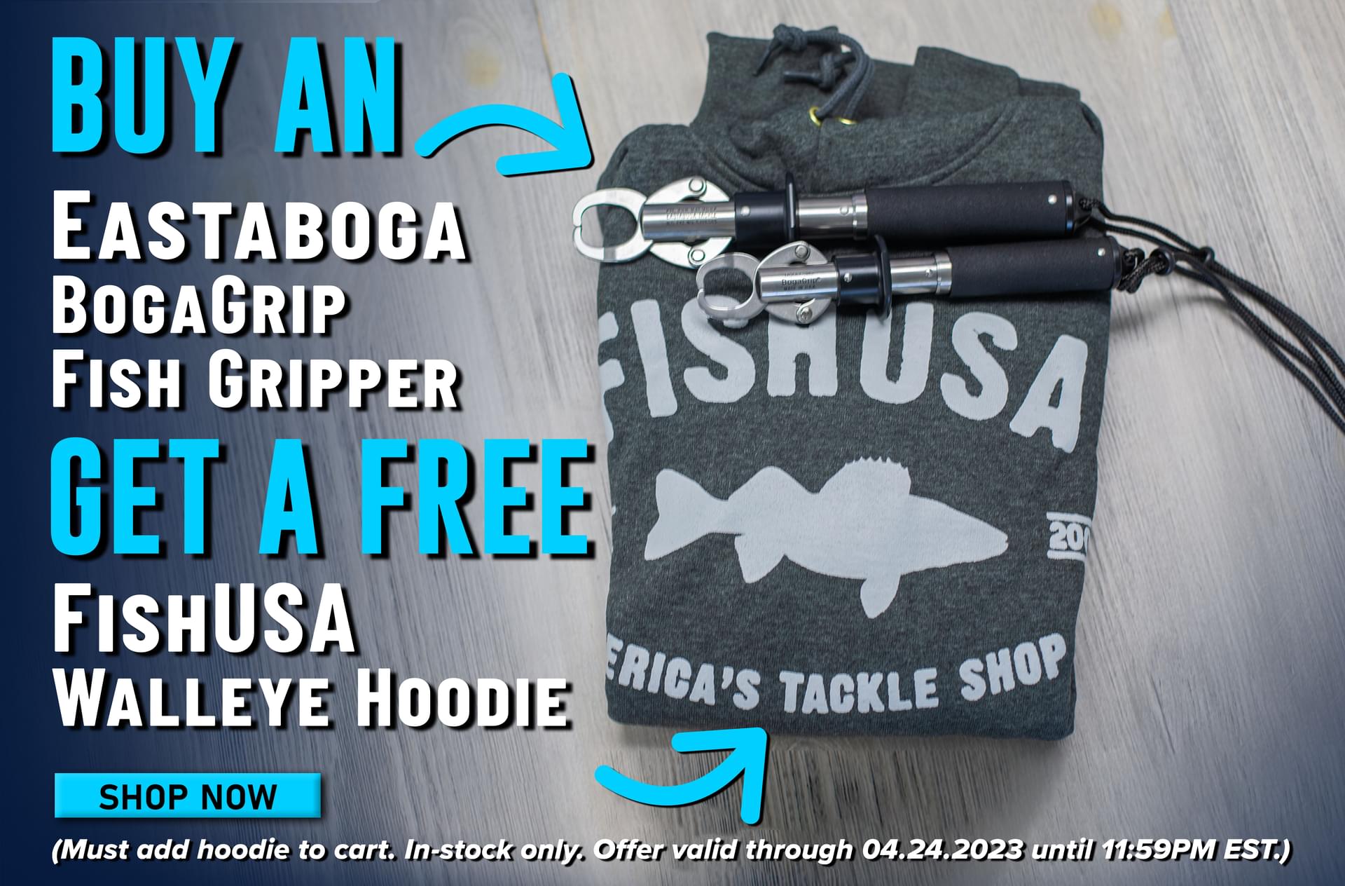 Buy An Eastaboga BogaGrip Fish Gripper Get a Free FishUSA Walleye Hoodie Shop Now (Must add hoodie to cart. In-stock only. Offer valid through 04.24.2023 until 11:59PM EST.)