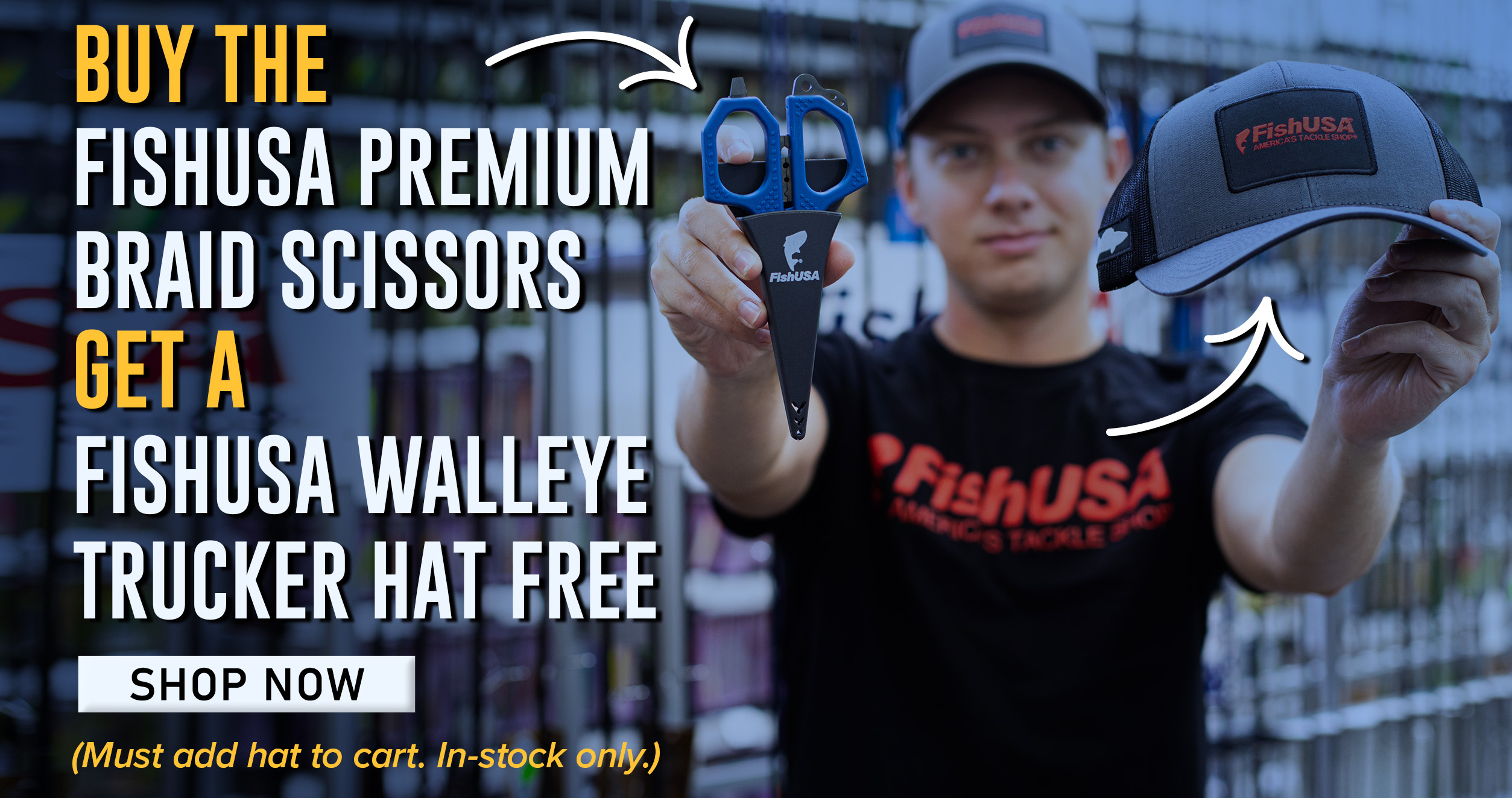 Buy The FishUSA Premium Braid Scissors Get A FishUSA Walleye Trucker Hat Free Shop Now (Must add hat to cart. In-stock only.)