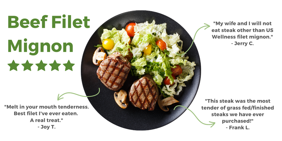 Grass-Fed Filet Mignon, salad, us wellness meats
