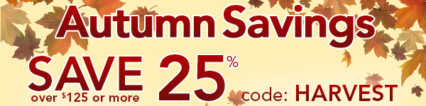 Autumn SavingsSave 25% off $125 with code HARVEST.  Sale ends Sunday.