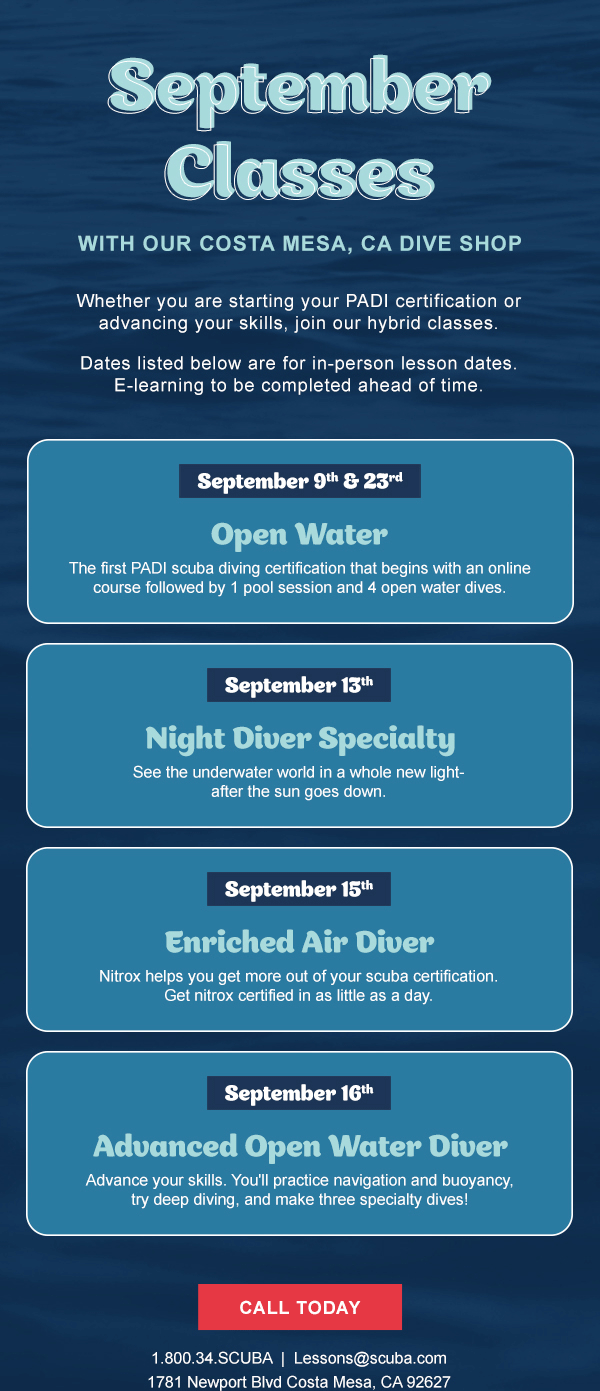 Join Us This Month At Our Costa Mesa Dive Shop Leisure Pro