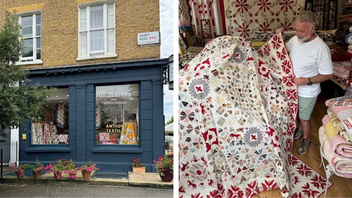 photo of the outside of an antique quilt shop and photo of a man holding an antique quilt