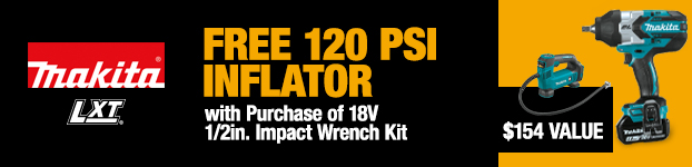 Free Makita 120psi Inflator with Purchase of 18V 1/2in. Impact Wrench Kit, $154 Value