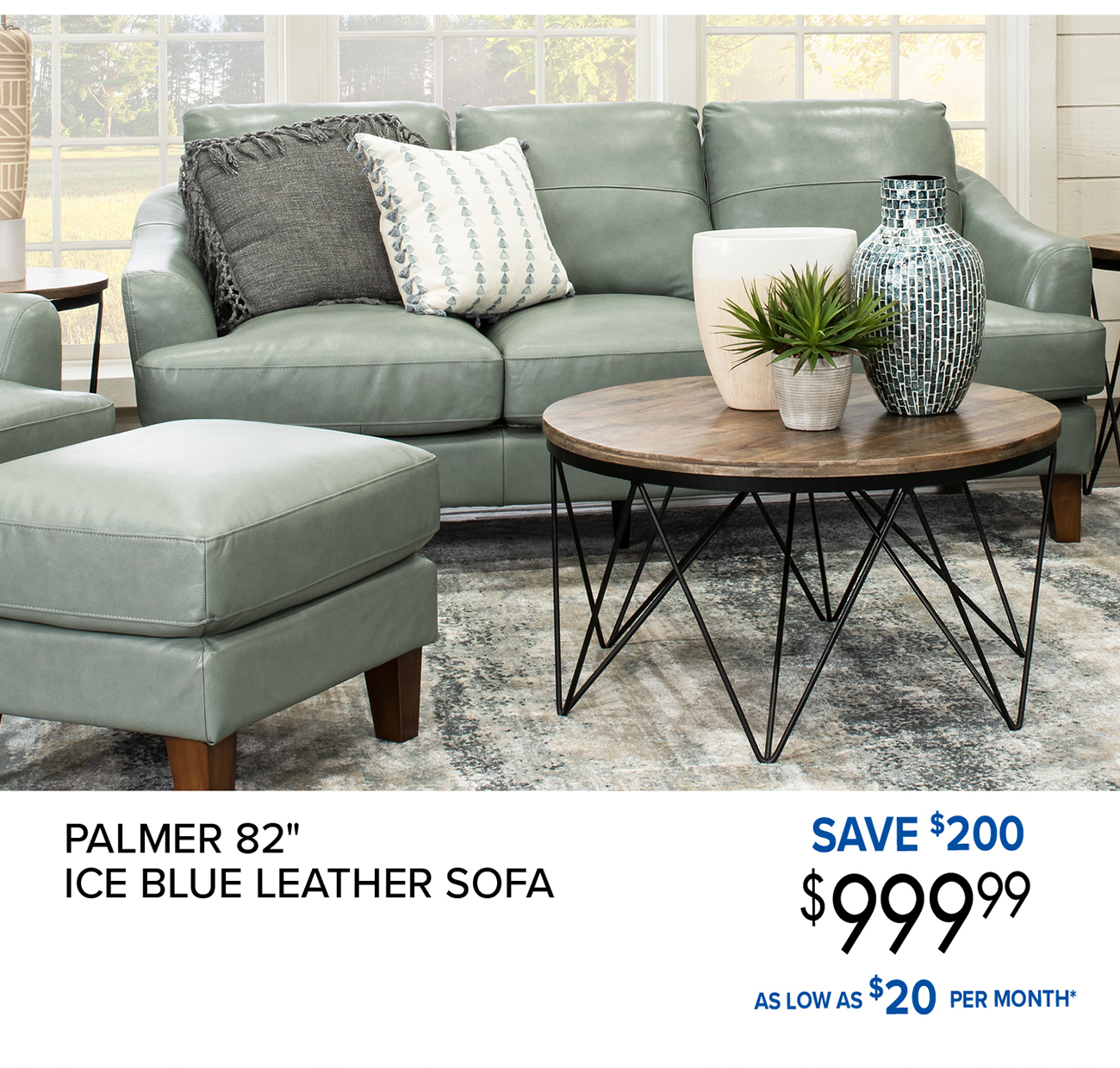 PALMER 82 ICE BLUE LEATHER SOFA