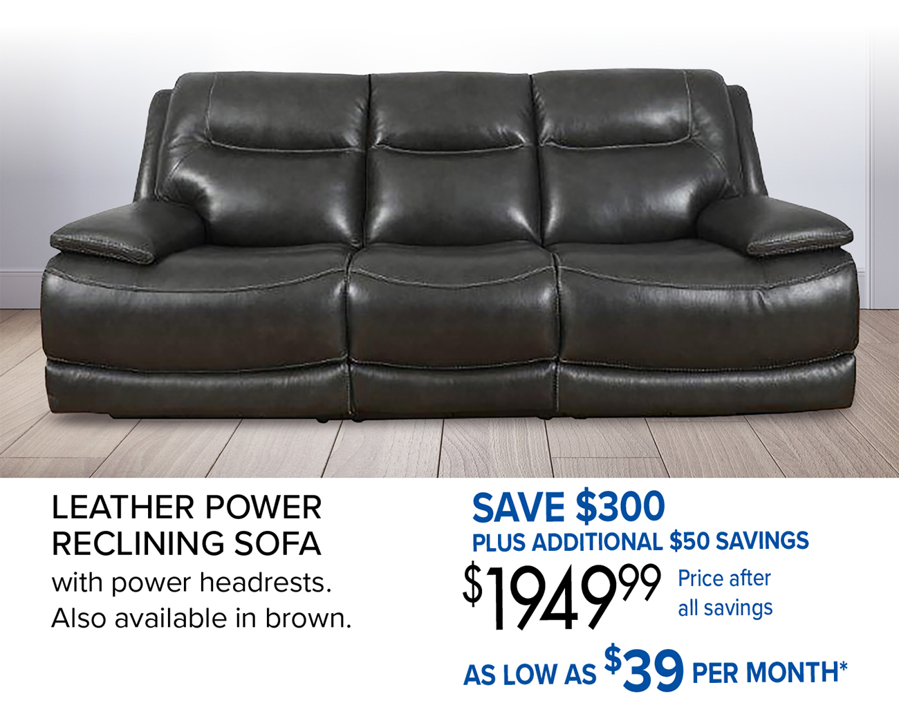 LEATHER POWER RECLINING SOFA with power headrests. Also available in brown.