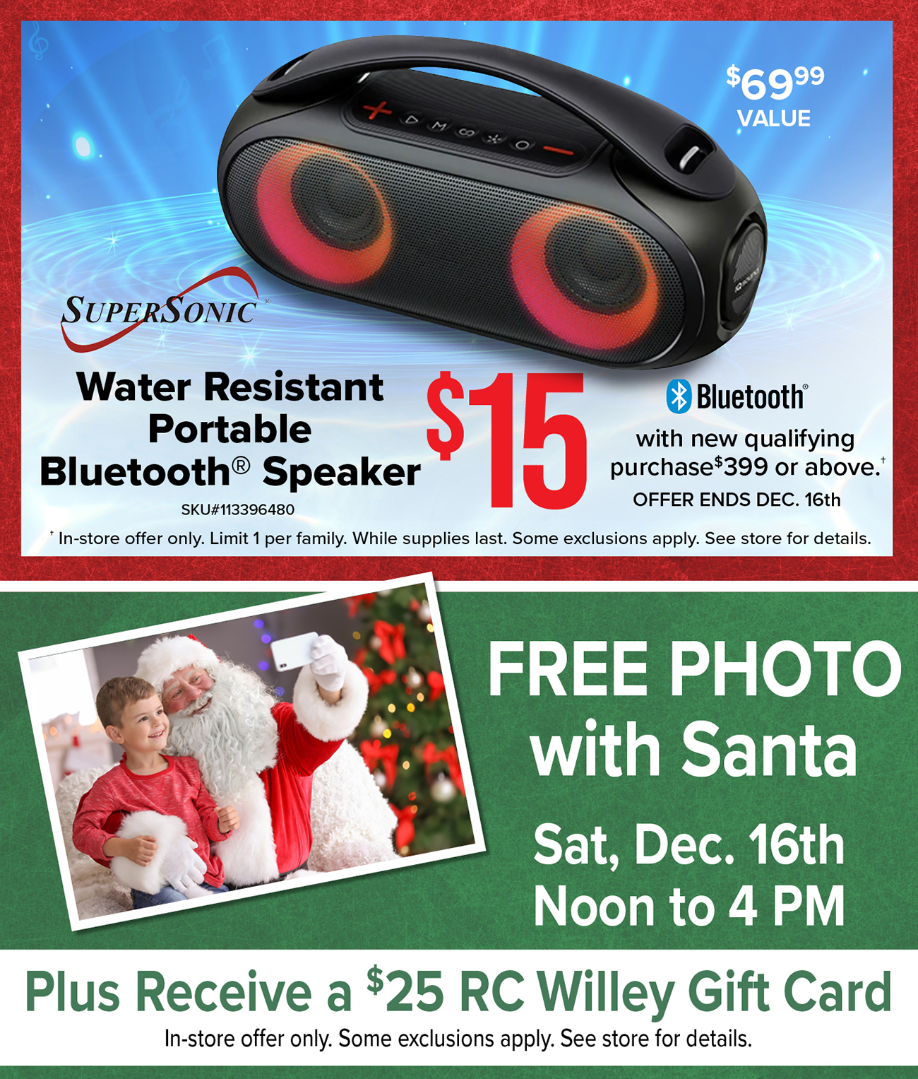 SuperSonic Water Resistant Portable Bluetooth Speaker & Free Santa Photo