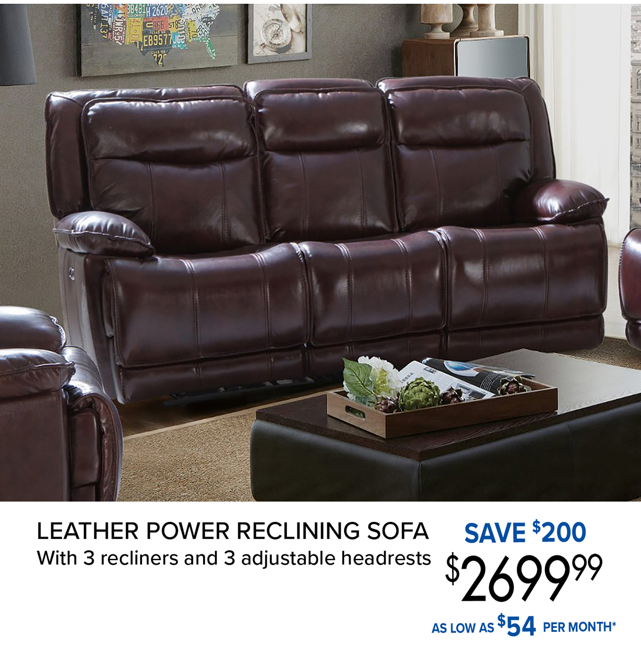 LEATHER POWER RECLINING SOFA With 3 recliners and 3 adjustable headrests