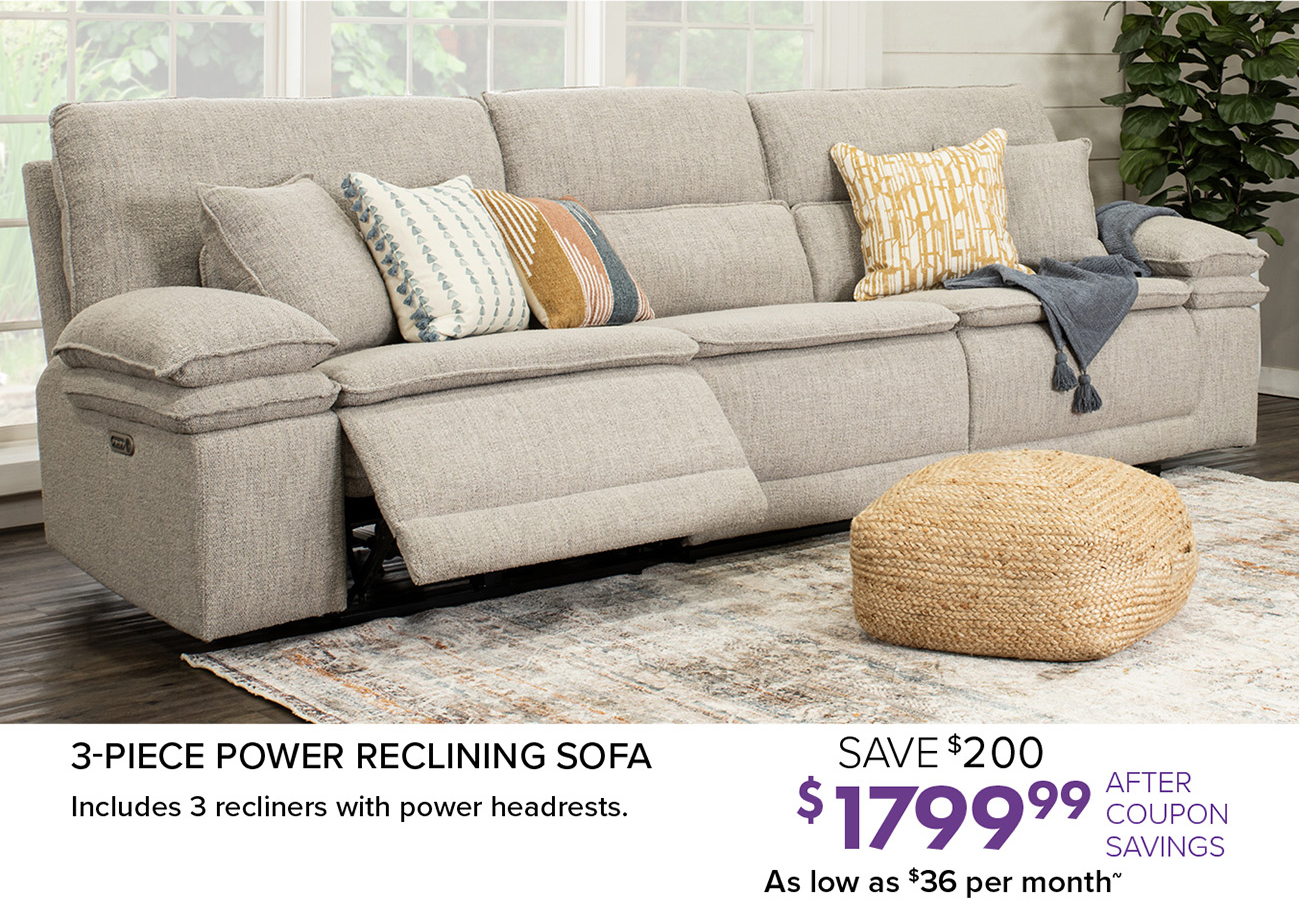 3-PIECE POWER RECLINING SOFA Includes 3 recliners with power headrests.