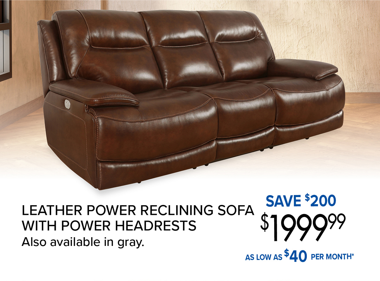 LEATHER POWER RECLINING SOFA WITH POWER HEADRESTS Also available in gray.