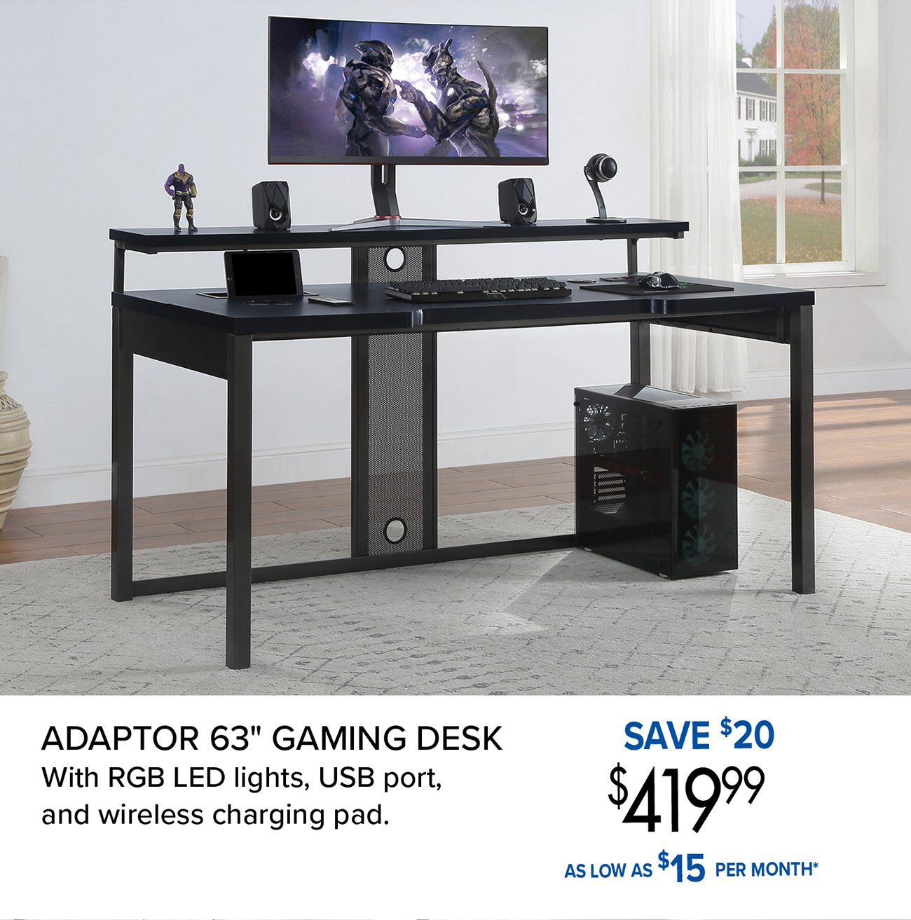 ADAPTOR 63 GAMING DESK With RGB LED lights, USB port, and wireless charging pad.