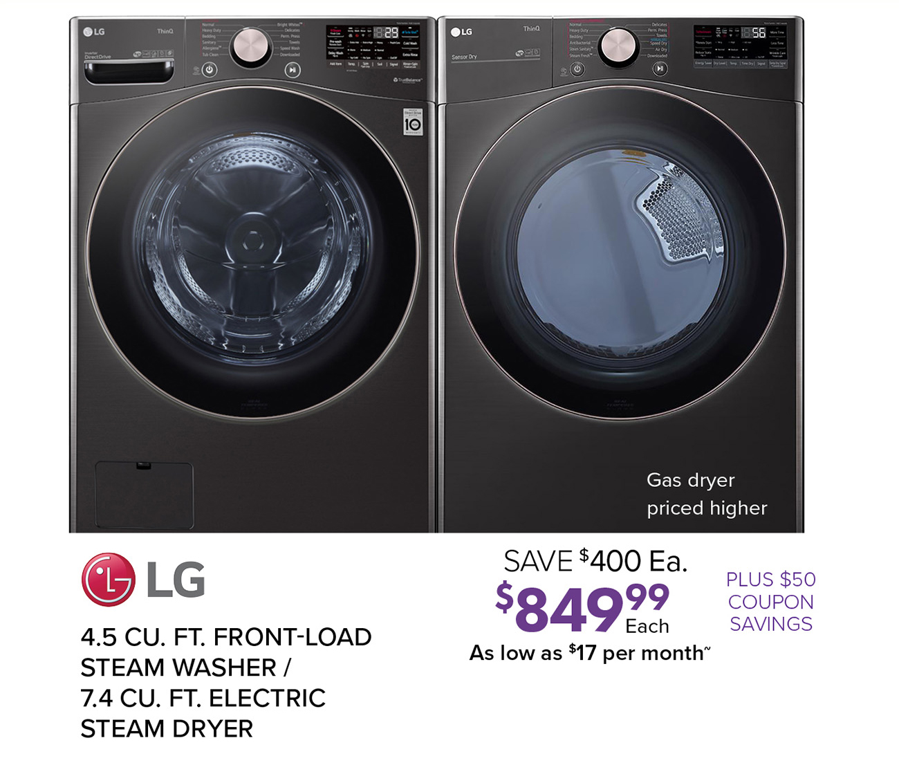 LG 4.5 CU. FT. FRONT-LOAD STEAM WASHER / 7.4 CU. FT. ELECTRIC STEAM DRYER