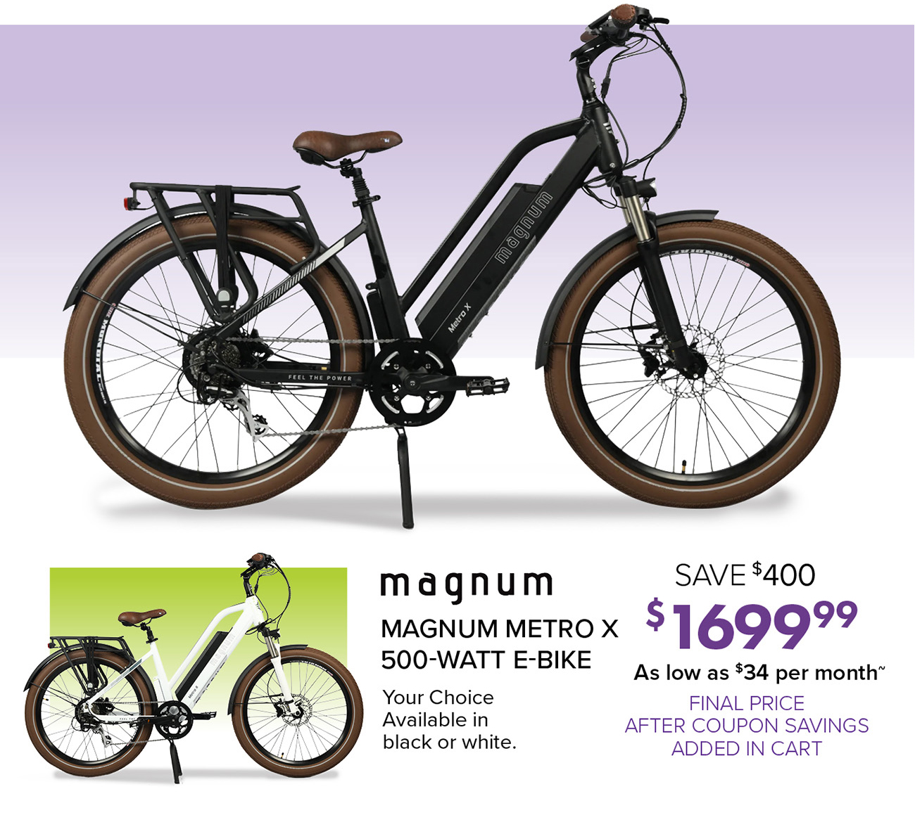 MAGNUM METRO X 500-WATT E-BIKE Your Choice Available in black or white.