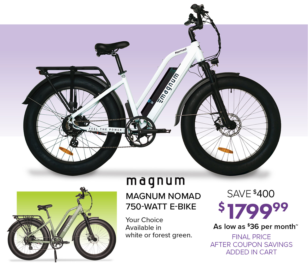 MAGNUM NOMAD 750-WATT E-BIKE Your Choice Available in white or forest green.