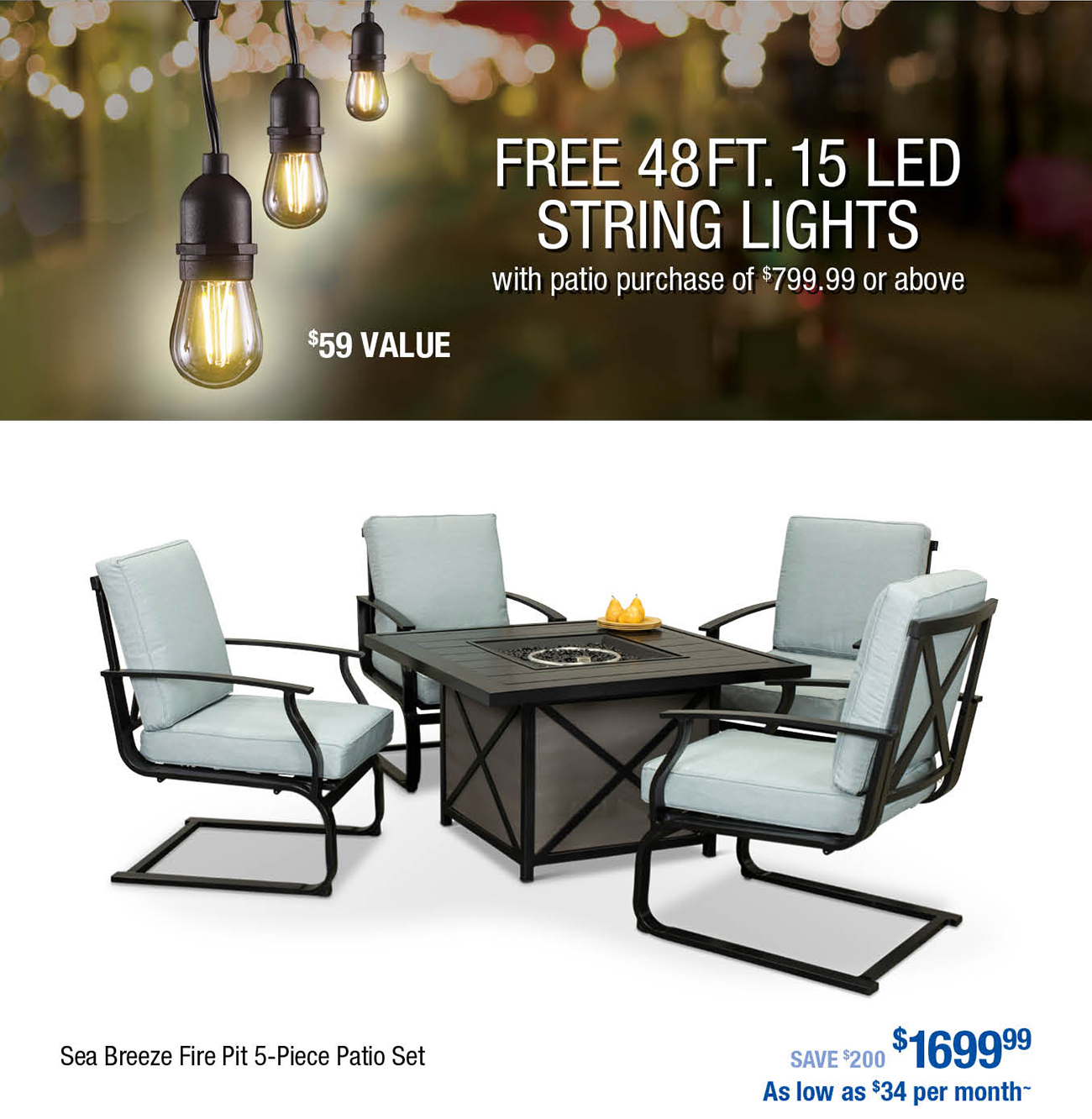 FREE 48FT. 15 LED STRING LIGHTS with patio purchase of $799.99 or above