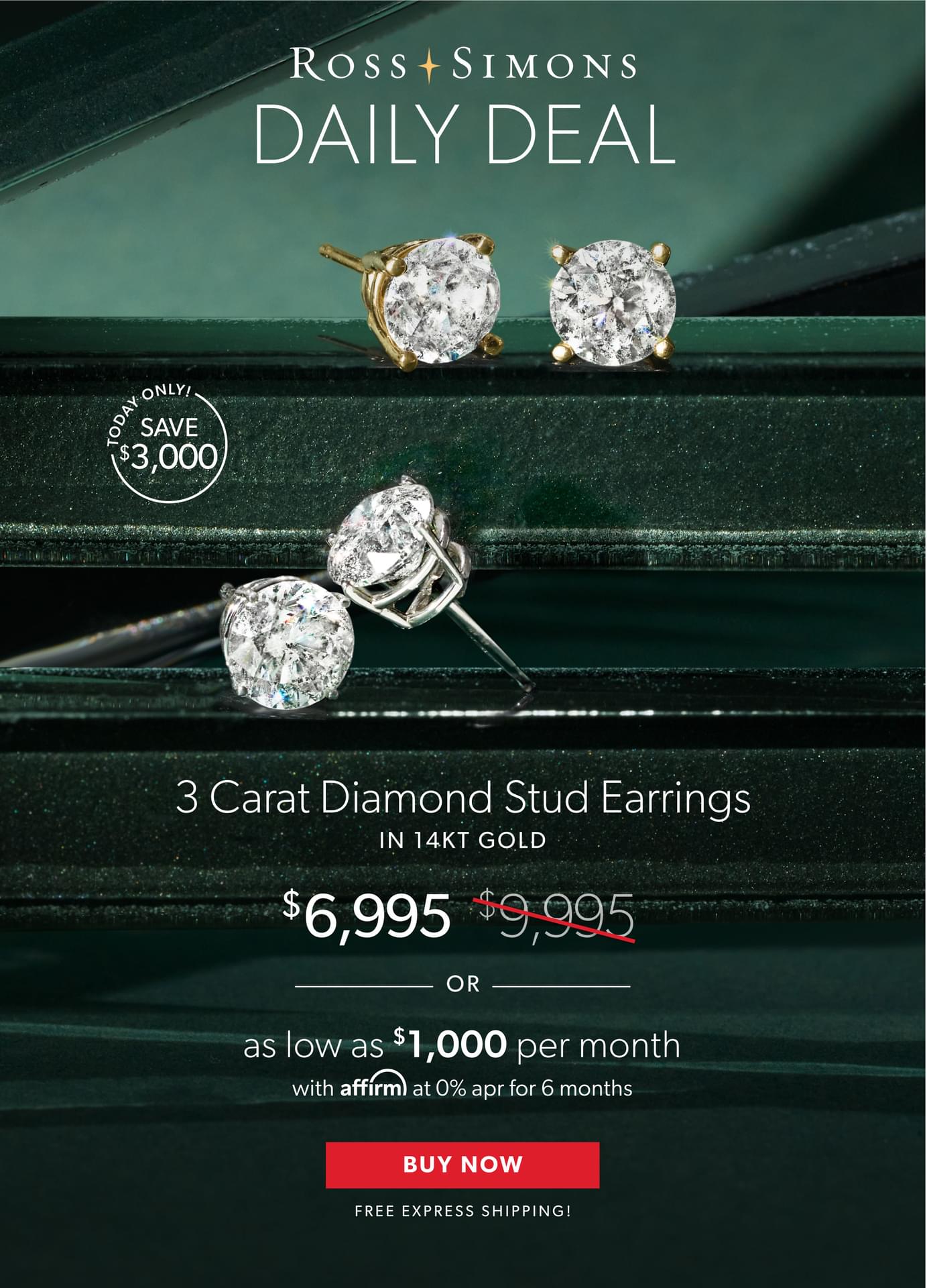 3 Carat Diamond Stud Earrings in 14kt Gold