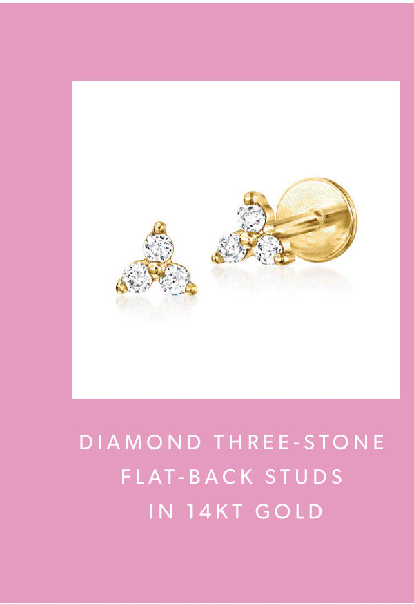 Diamond Three-Stone Flat-Back Studs in 14kt Gold