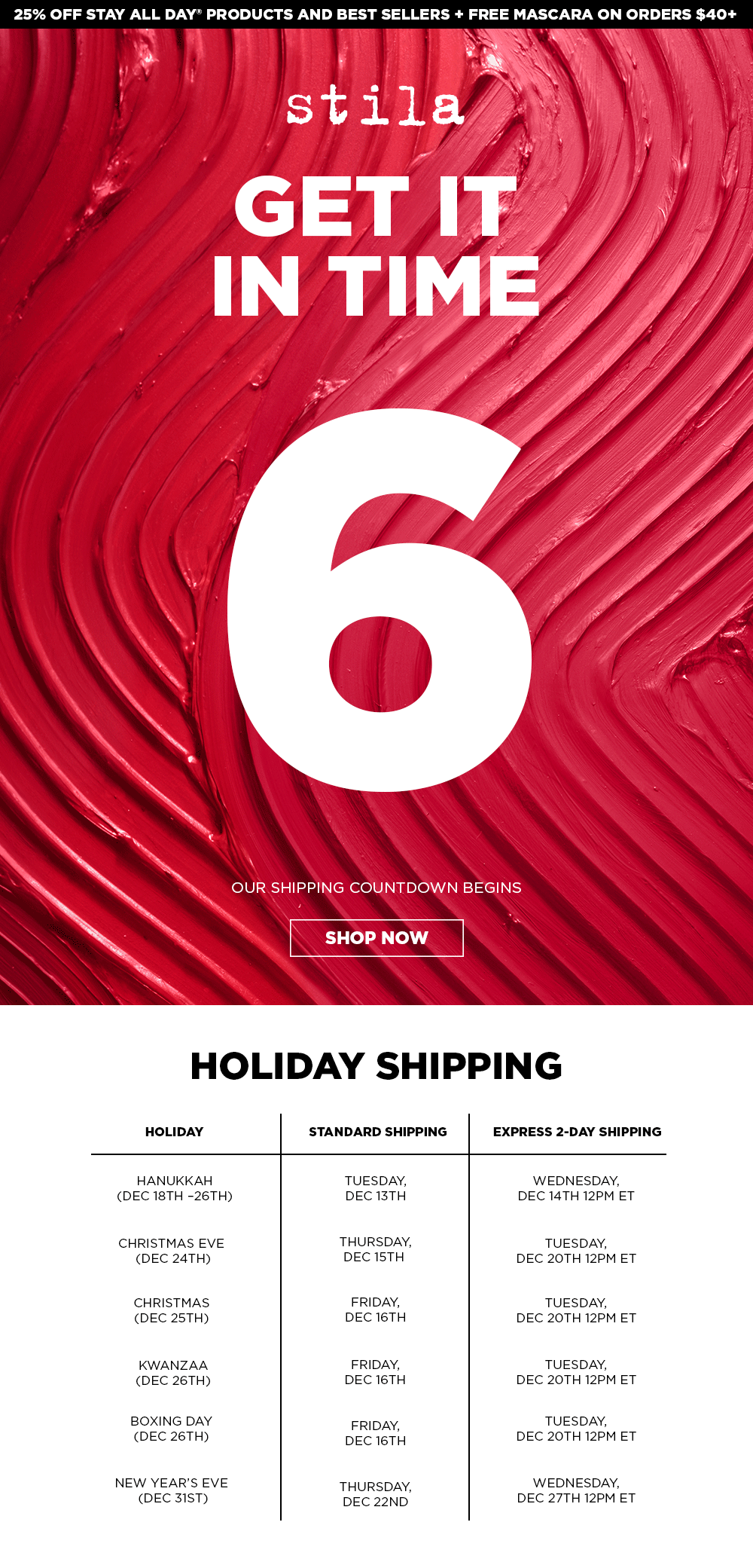 Our shipping countdown begins | For 12/24 delivery, order by Thursday, Dec 15