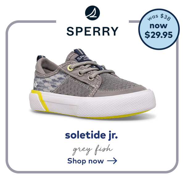 sperry. soletide jr. grey fish. shop now --> was $38 now $29.95